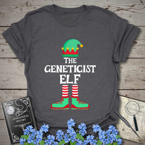 The Geneticist Elf T-Shirt in Dark Heather Grey by Genealogy Keepsakes