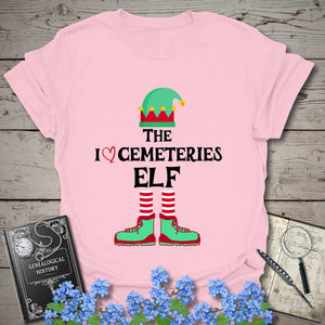 The I Love Cemeteries Elf T-Shirt in Light Pink by Genealogy Keepsakes