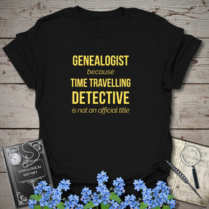Time Travelling Detective T-Shirt in Black by Genealogy Keepsakes