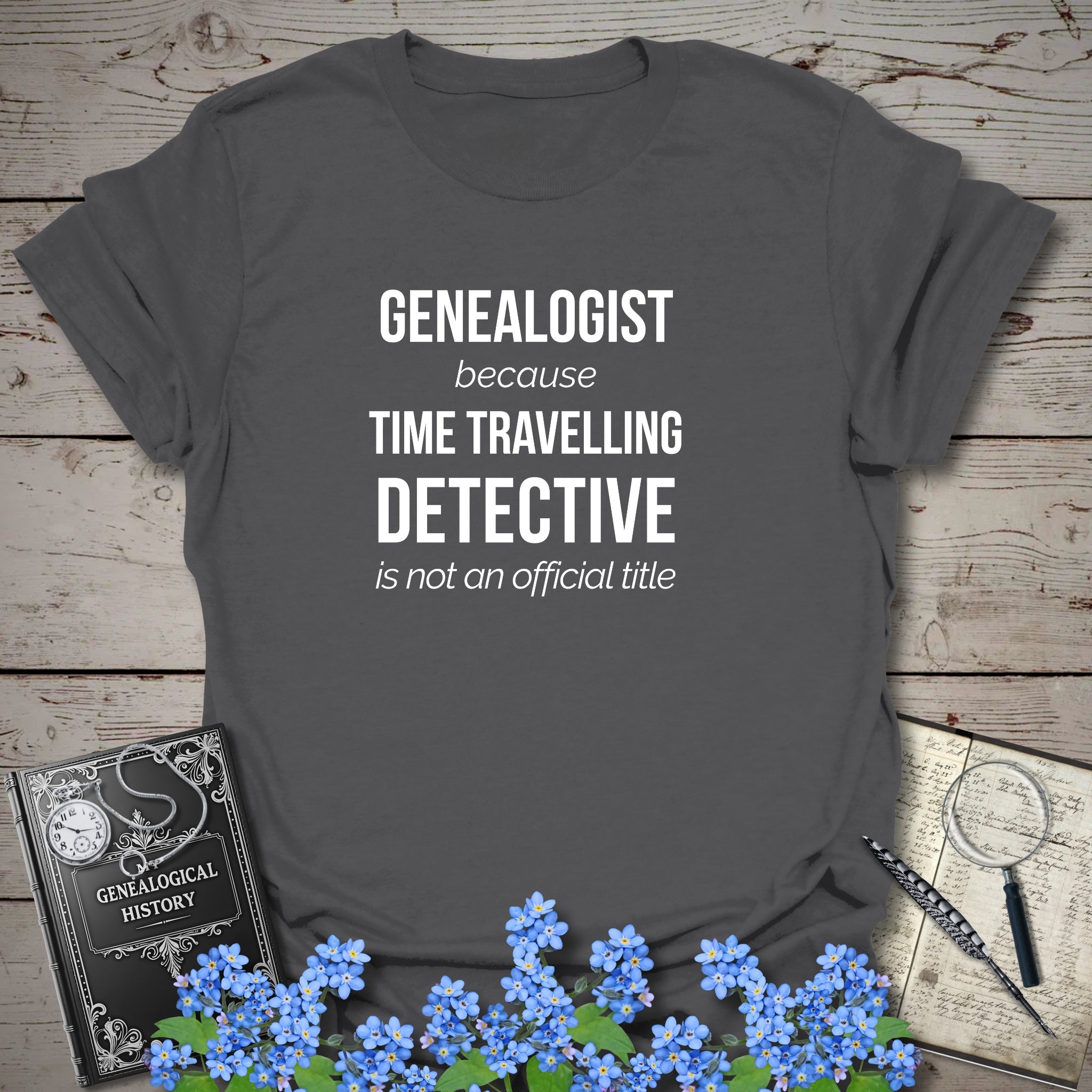 Time Travelling Detective T-Shirt in Charcoal by Genealogy Keepsakes