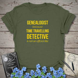Time Travelling Detective T-Shirt in Military Green by Genealogy Keepsakes