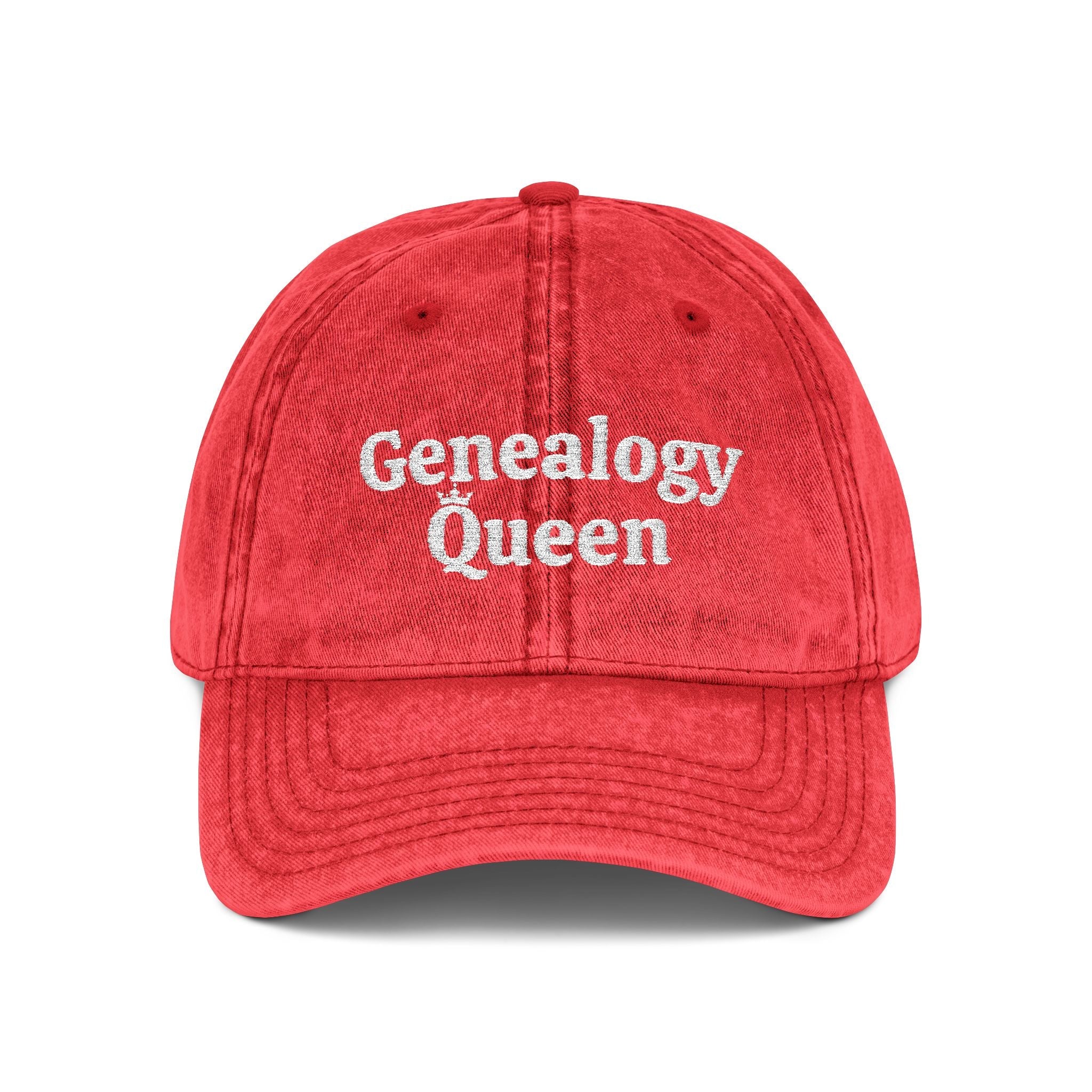 Vintage Genealogy Queen Embroidered Cap in Red by Genealogy Keepsakes