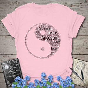 Ying & Yang Word Cloud T-Shirt in Light Pink by Genealogy Keepsakes