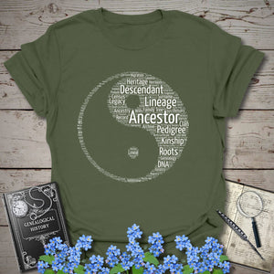 Ying & Yang Word Cloud T-Shirt in Military Green by Genealogy Keepsakes