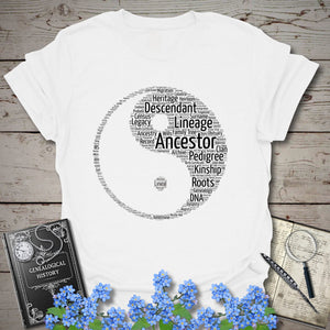 Ying & Yang Word Cloud T-Shirt in White by Genealogy Keepsakes