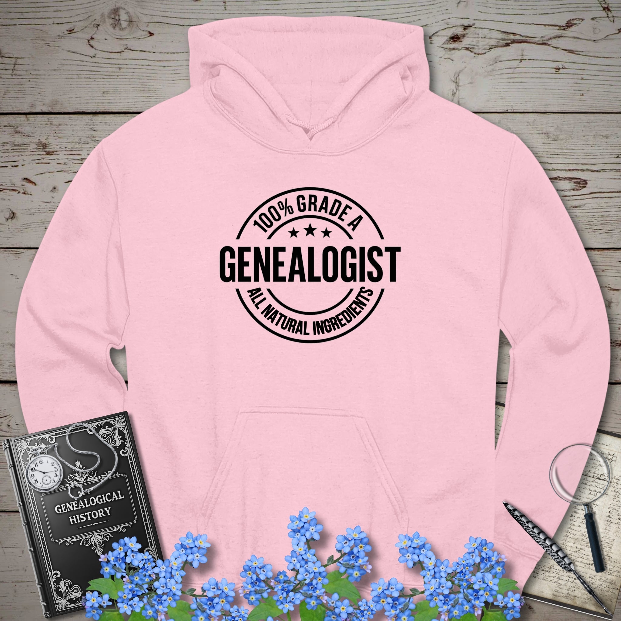 100 Percent Genealogist Hoodie in Light Pink by Genealogy Keepsakes