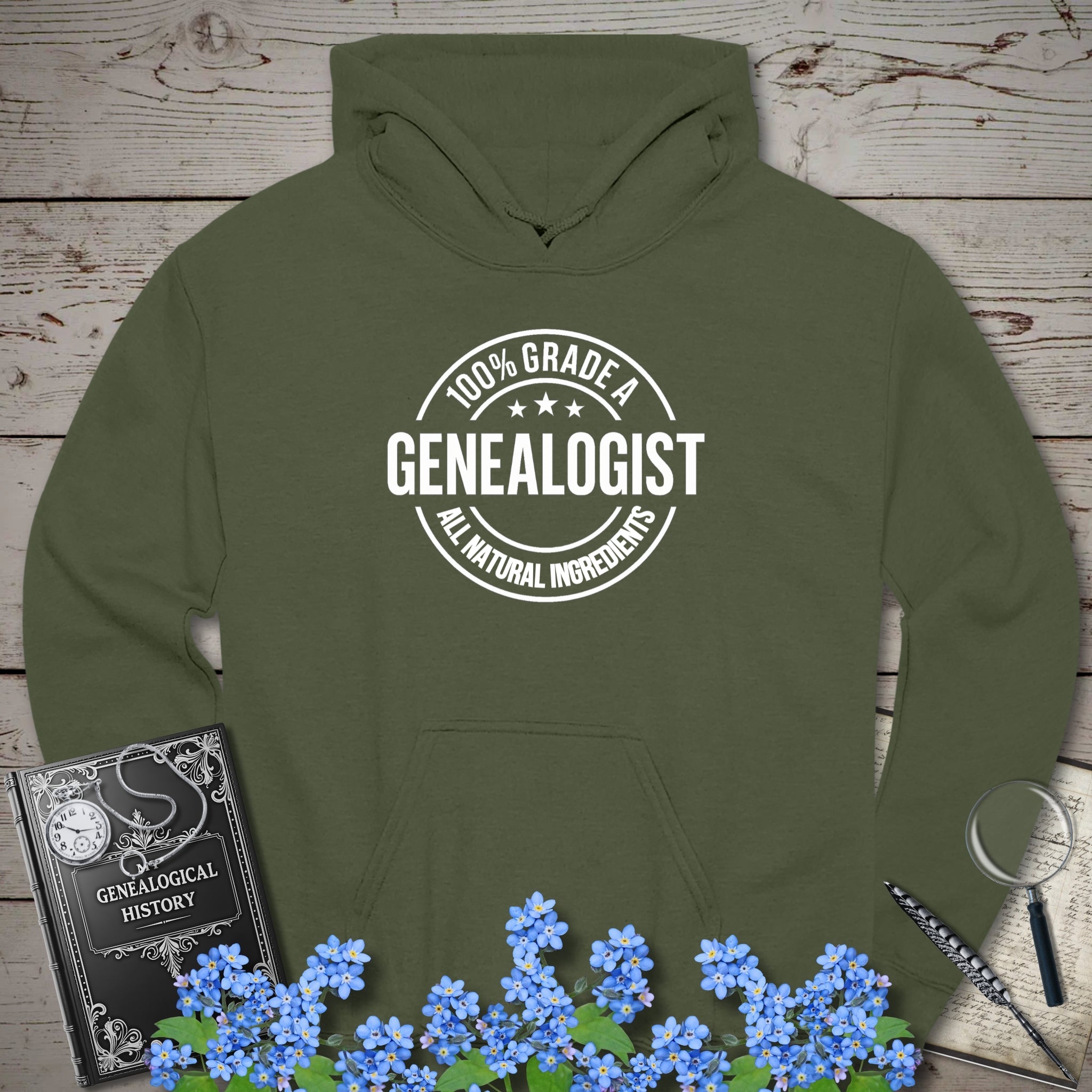 100 Percent Genealogist Hoodie in Military Green by Genealogy Keepsakes