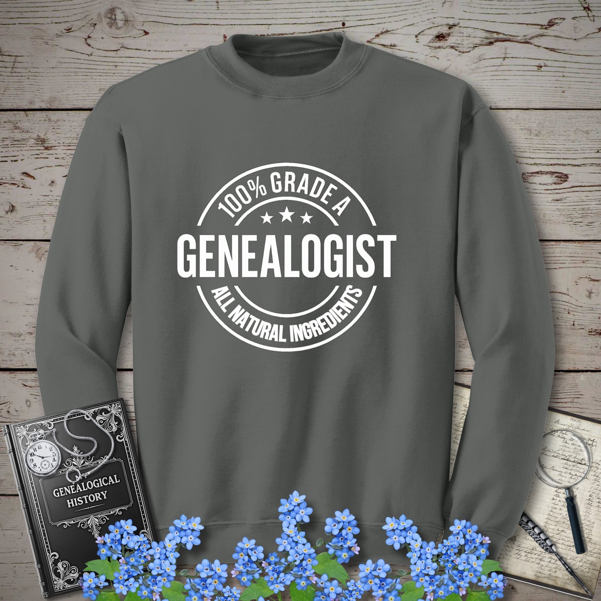 100 Percent Genealogist Sweatshirt in Charcoal by Genealogy Keepsakes