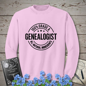 100 Percent Genealogist Sweatshirt in Light Pink by Genealogy Keepsakes