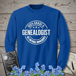 100 Percent Genealogist Sweatshirt in Royal by Genealogy Keepsakes