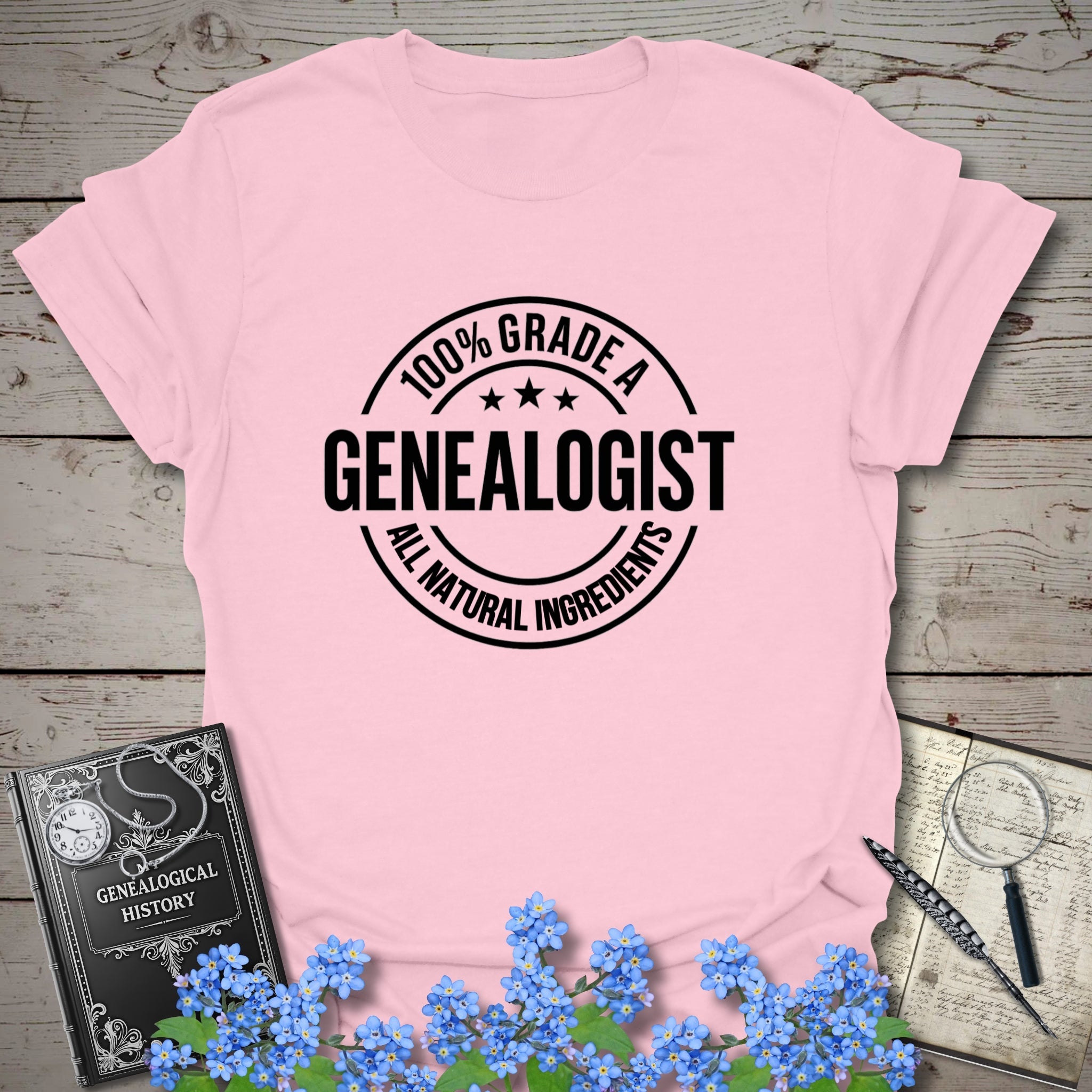 100 Percent Genealogist T-Shirt in Light Pink by Genealogy Keepsakes