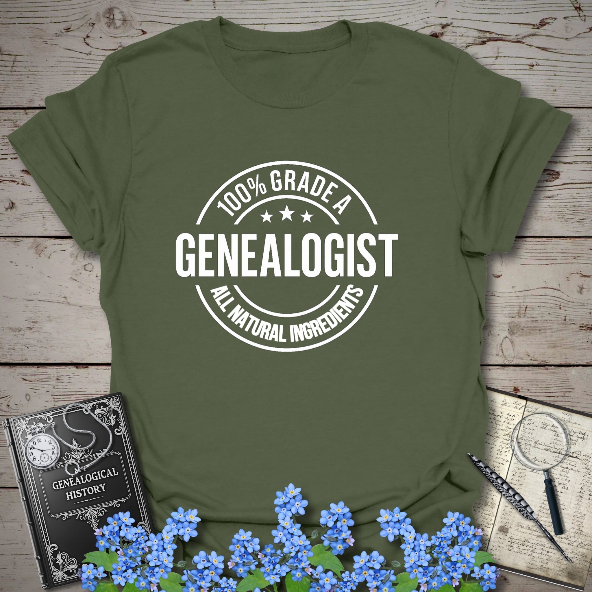 100 Percent Genealogist T-Shirt in Military Green by Genealogy Keepsakes