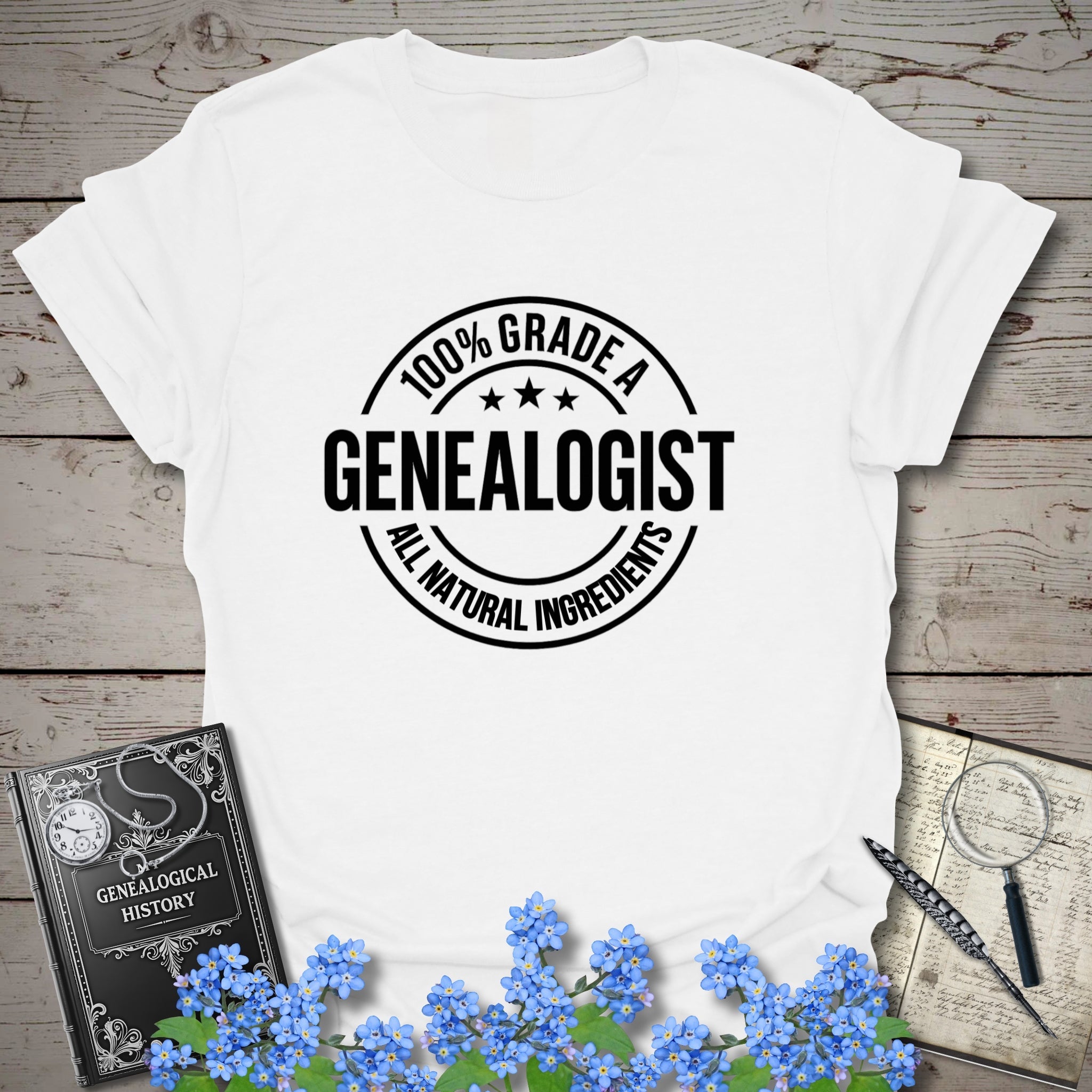 100 Percent Genealogist T-Shirt in White by Genealogy Keepsakes