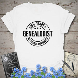 100 Percent Genealogist T-Shirt in White by Genealogy Keepsakes