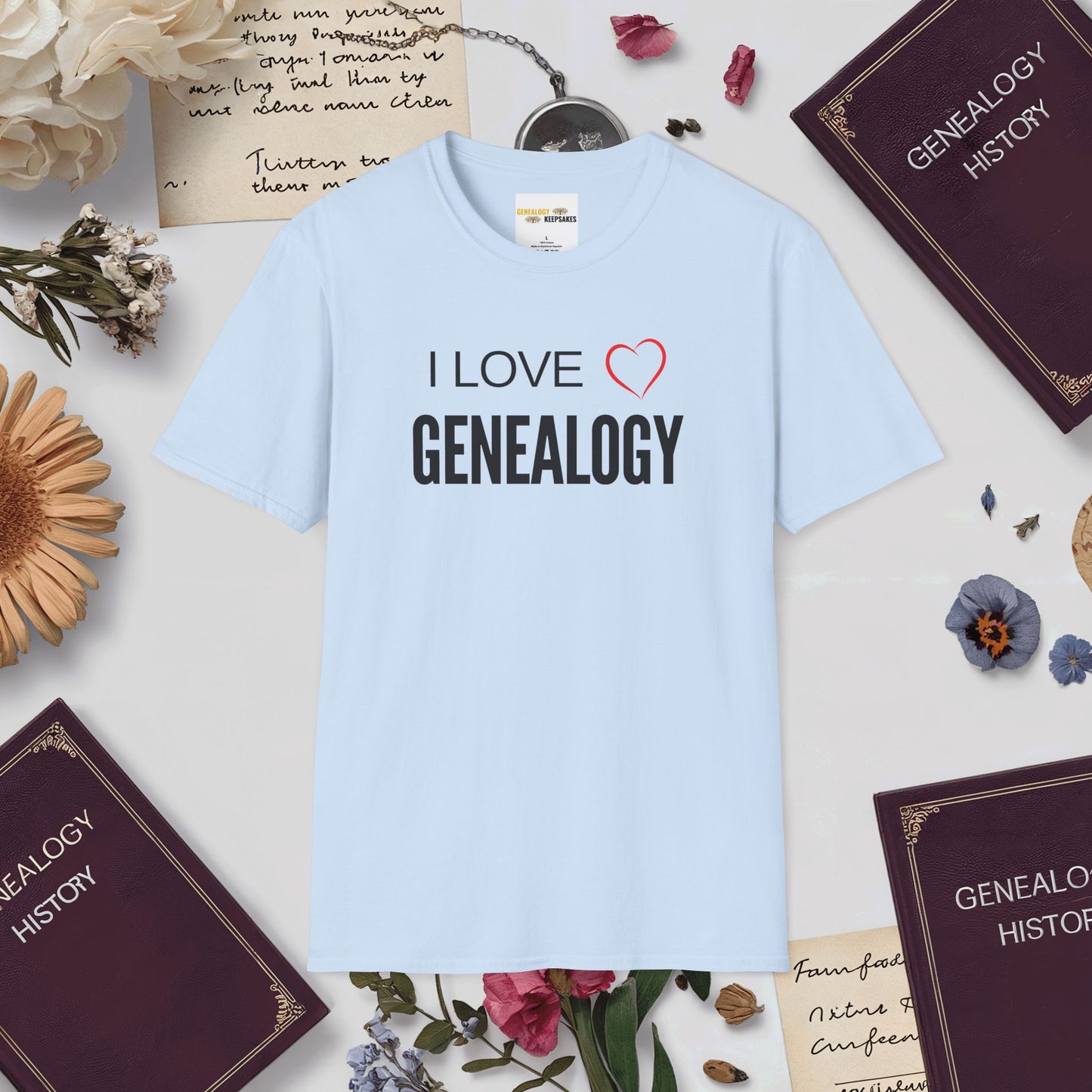 I Love Genealogy T-Shirt-Light Blue-Genealogy Keepsakes