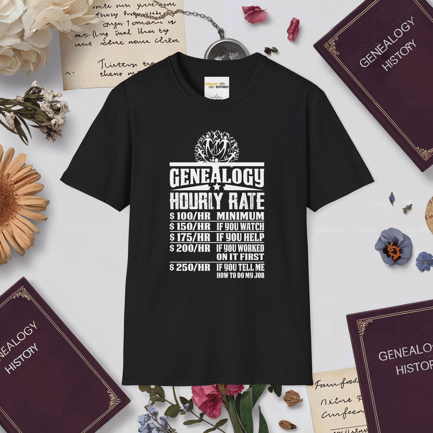 Genealogy Hourly Rate T-Shirt-Black-Genealogy Keepsakes