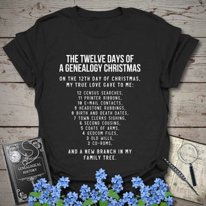 12 Days of Christmas T-Shirt in Black by Genealogy Keepsakes