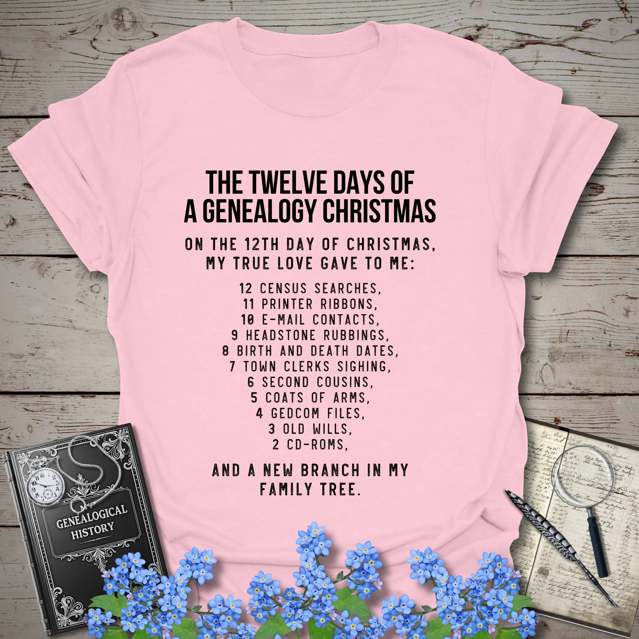 12 Days of Christmas T-Shirt in Light Pink by Genealogy Keepsakes