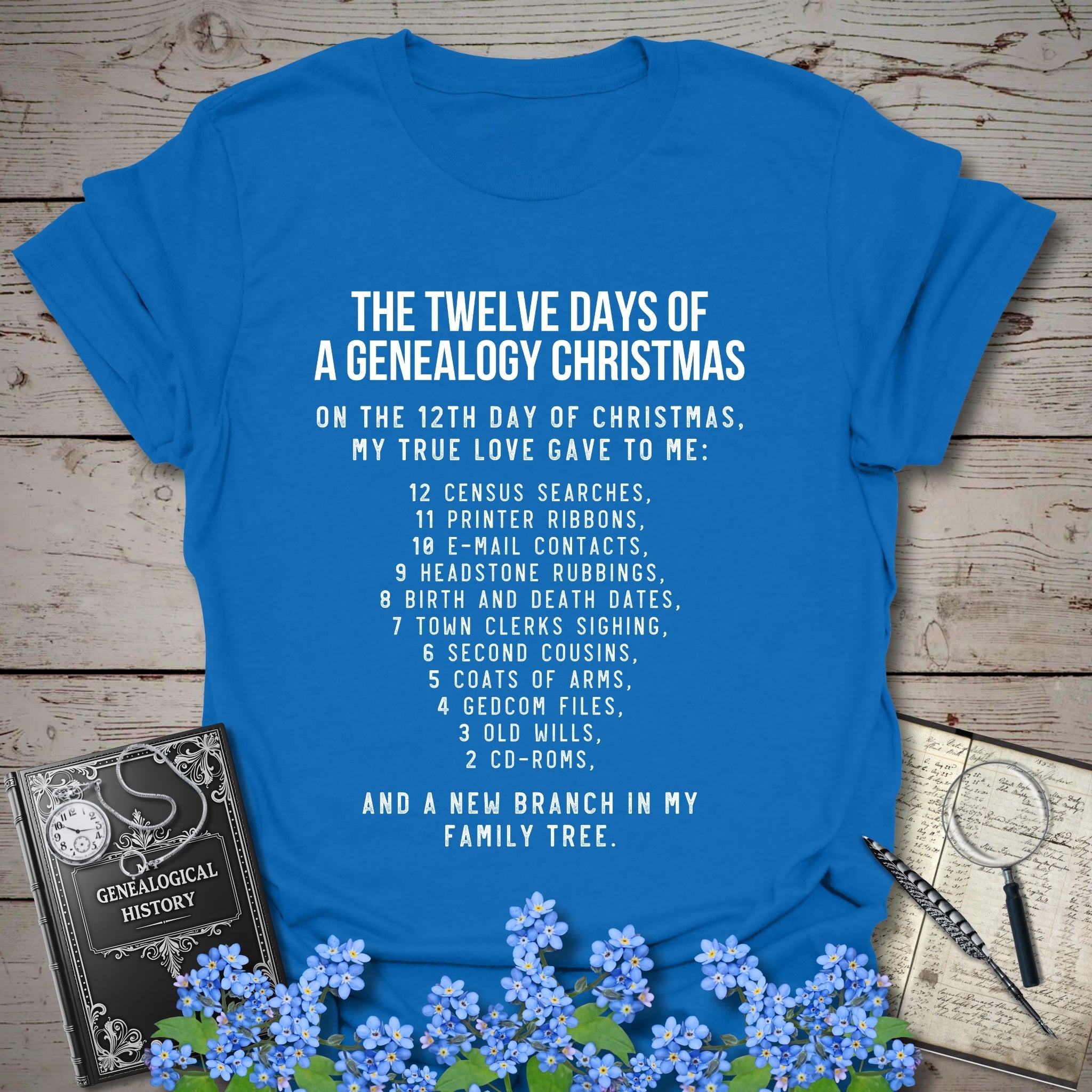 12 Days of Christmas T-Shirt in Royal by Genealogy Keepsakes