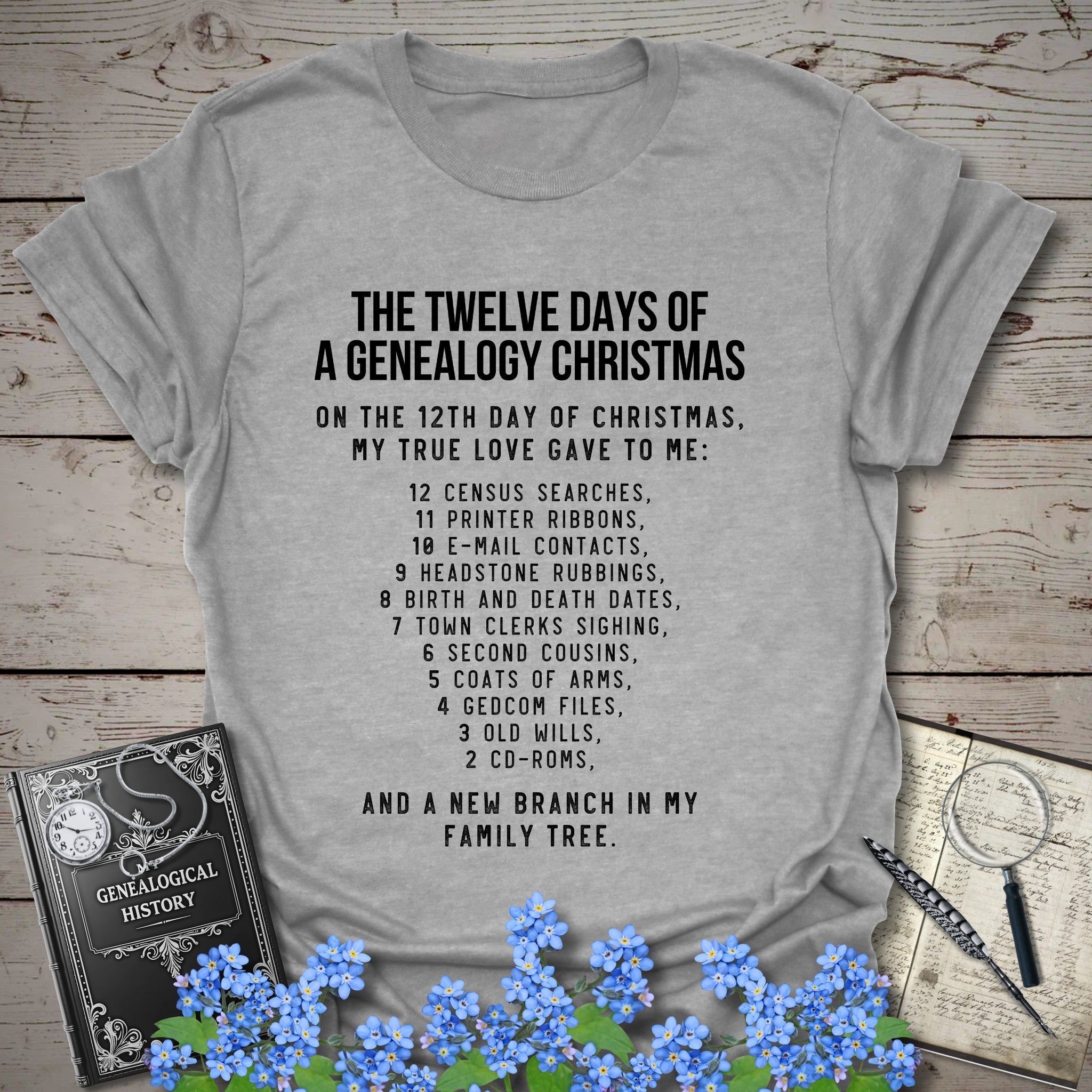 12 Days of Christmas T-Shirt in Color by Genealogy Keepsakes