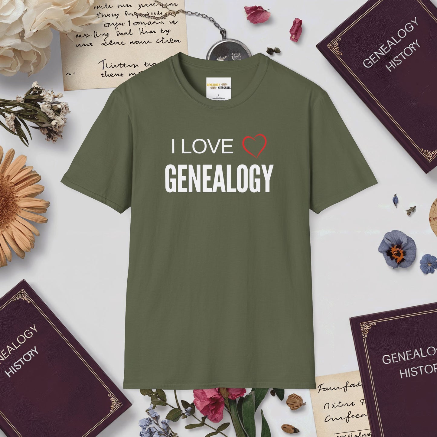 I Love Genealogy T-Shirt-Military Green-Genealogy Keepsakes