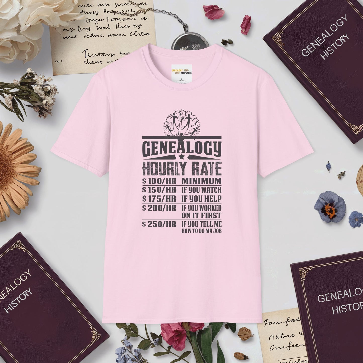 Genealogy Hourly Rate T-Shirt-Light Pink-Genealogy Keepsakes