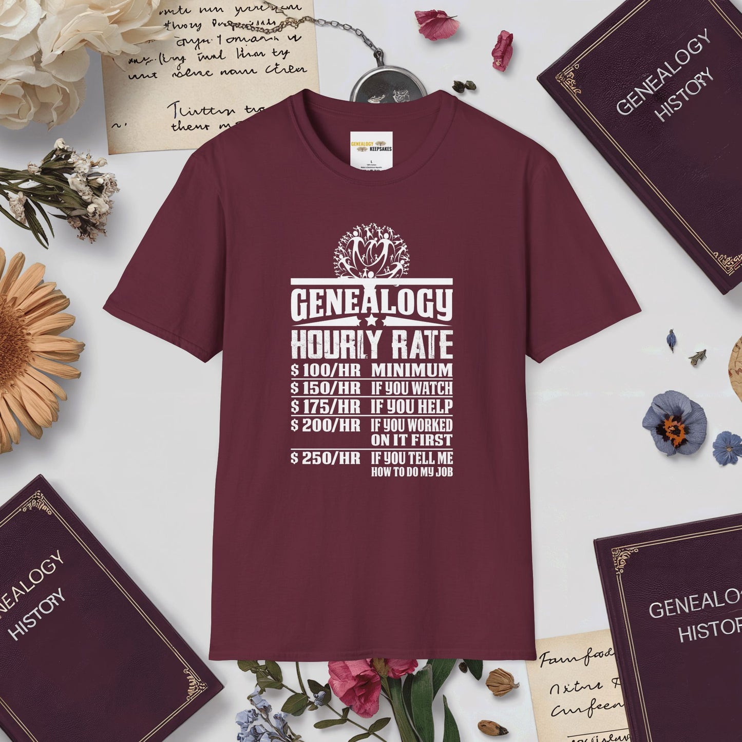 Genealogy Hourly Rate T-Shirt-Maroon-Genealogy Keepsakes