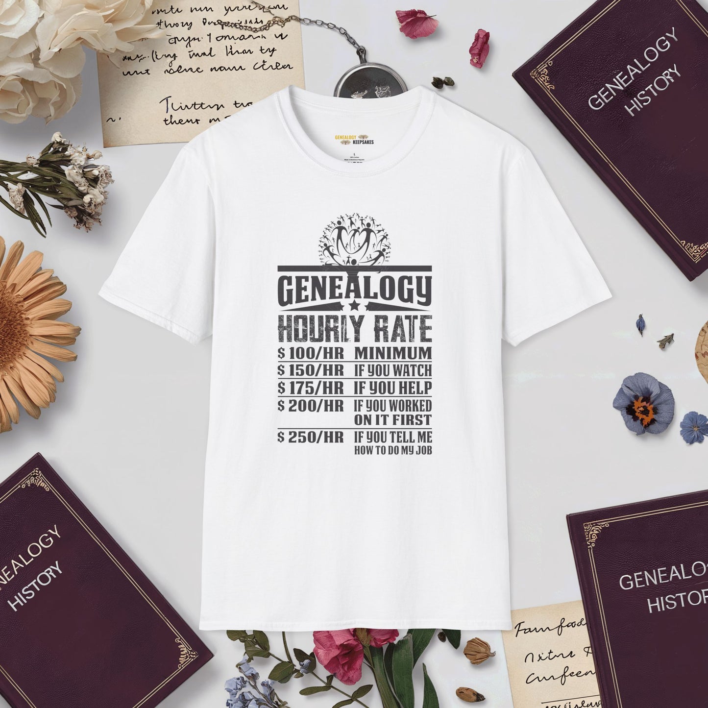 Genealogy Hourly Rate T-Shirt-White-Genealogy Keepsakes