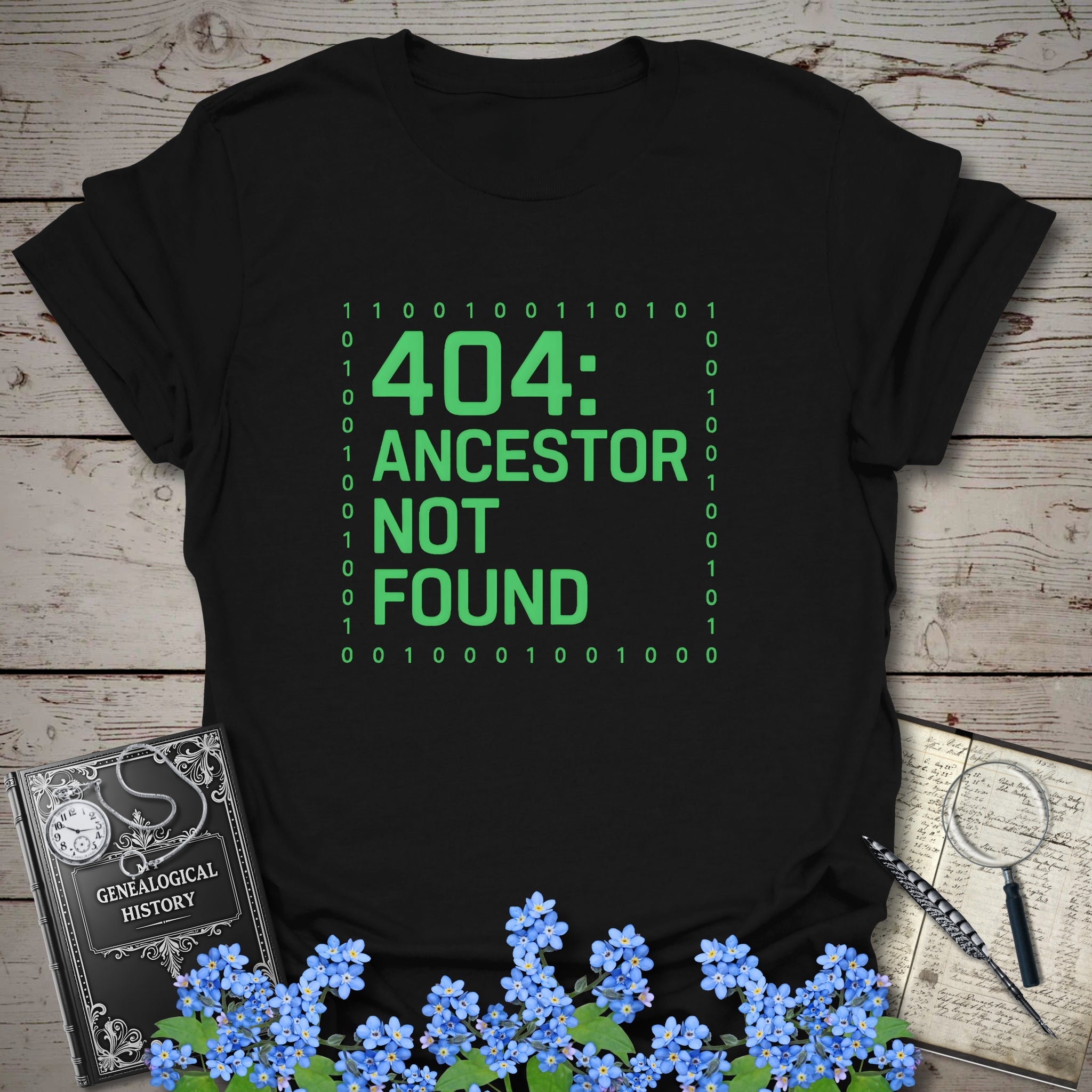 404 Ancestor Not Found T-Shirt in Black by Genealogy Keepsakes
