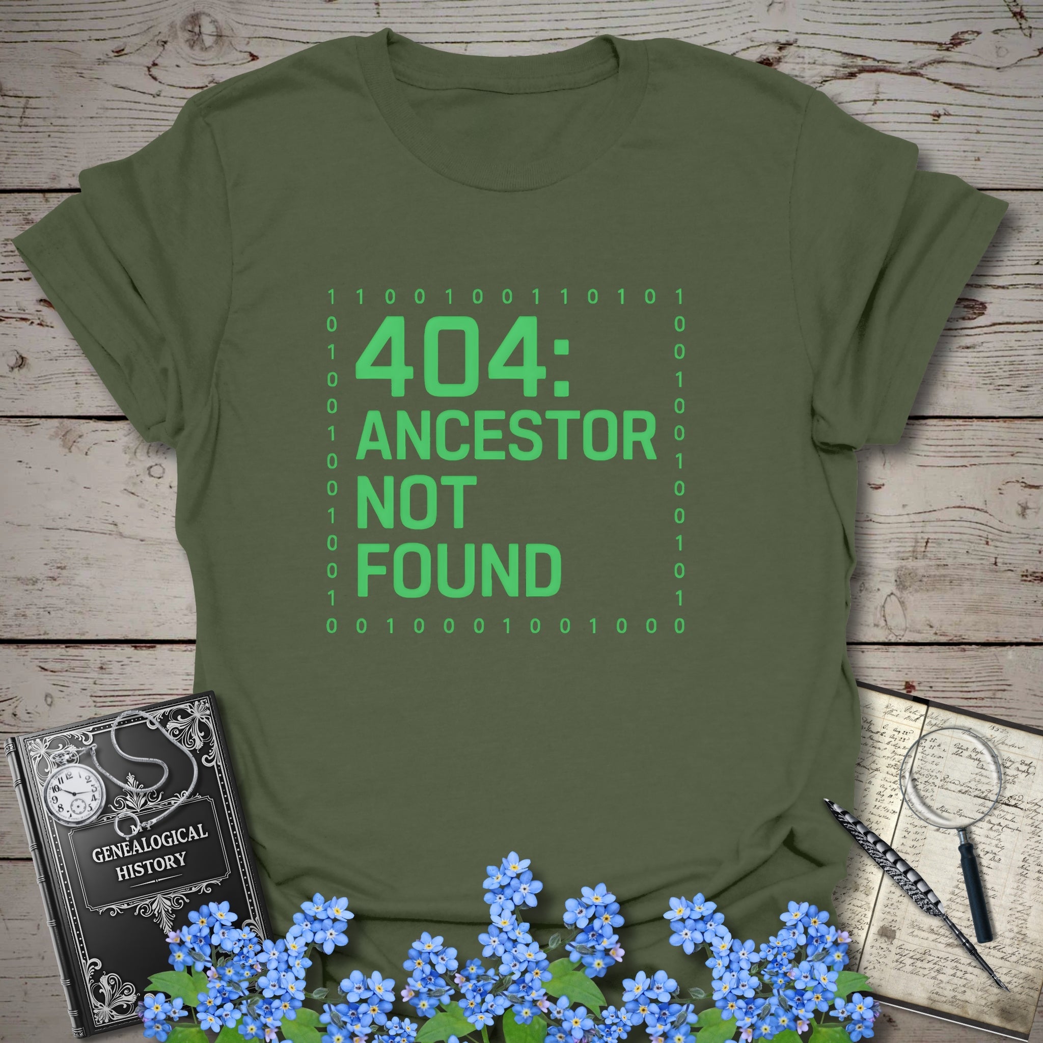 404 Ancestor Not Found T-Shirt in Military Green by Genealogy Keepsakes