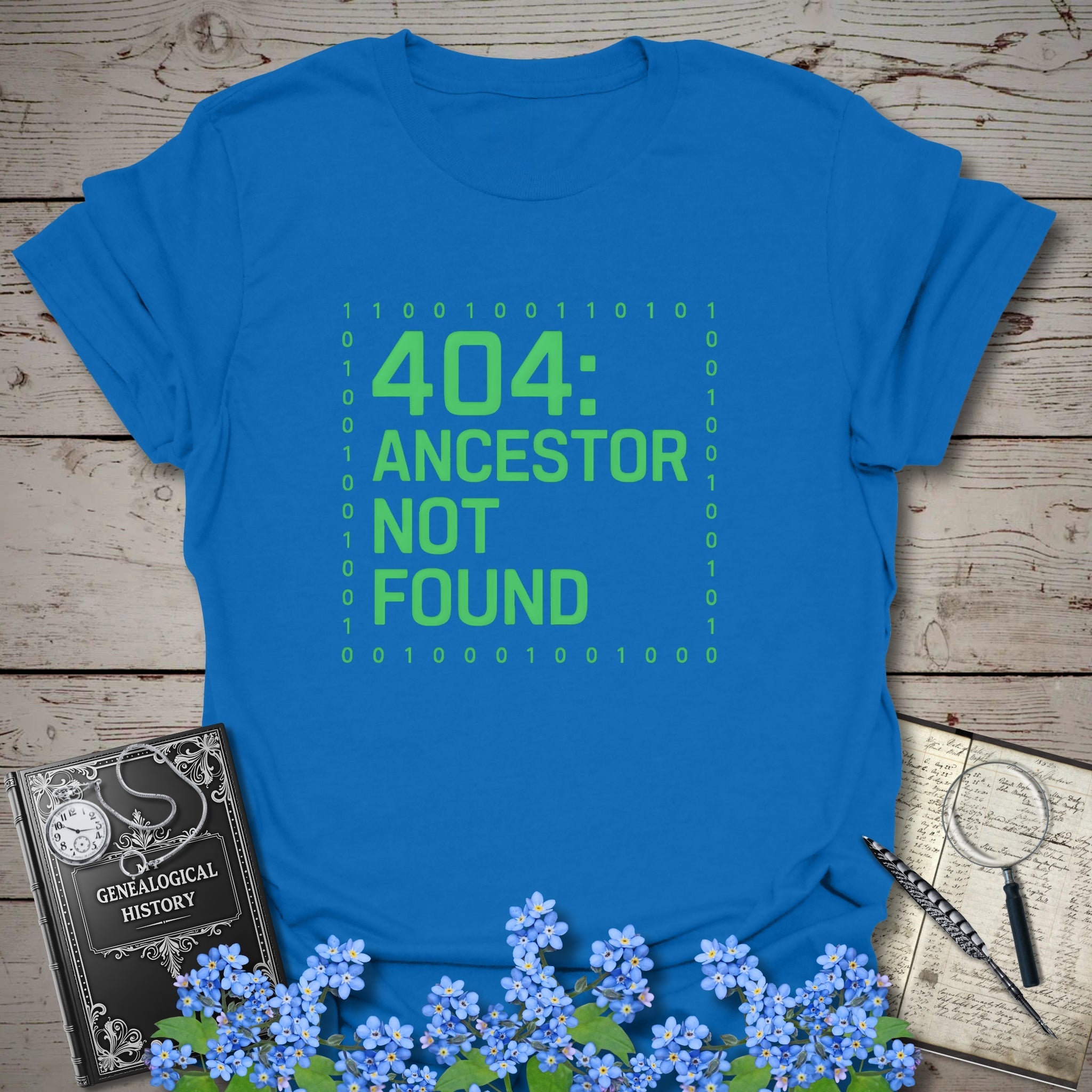404 Ancestor Not Found T-Shirt in Royal by Genealogy Keepsakes