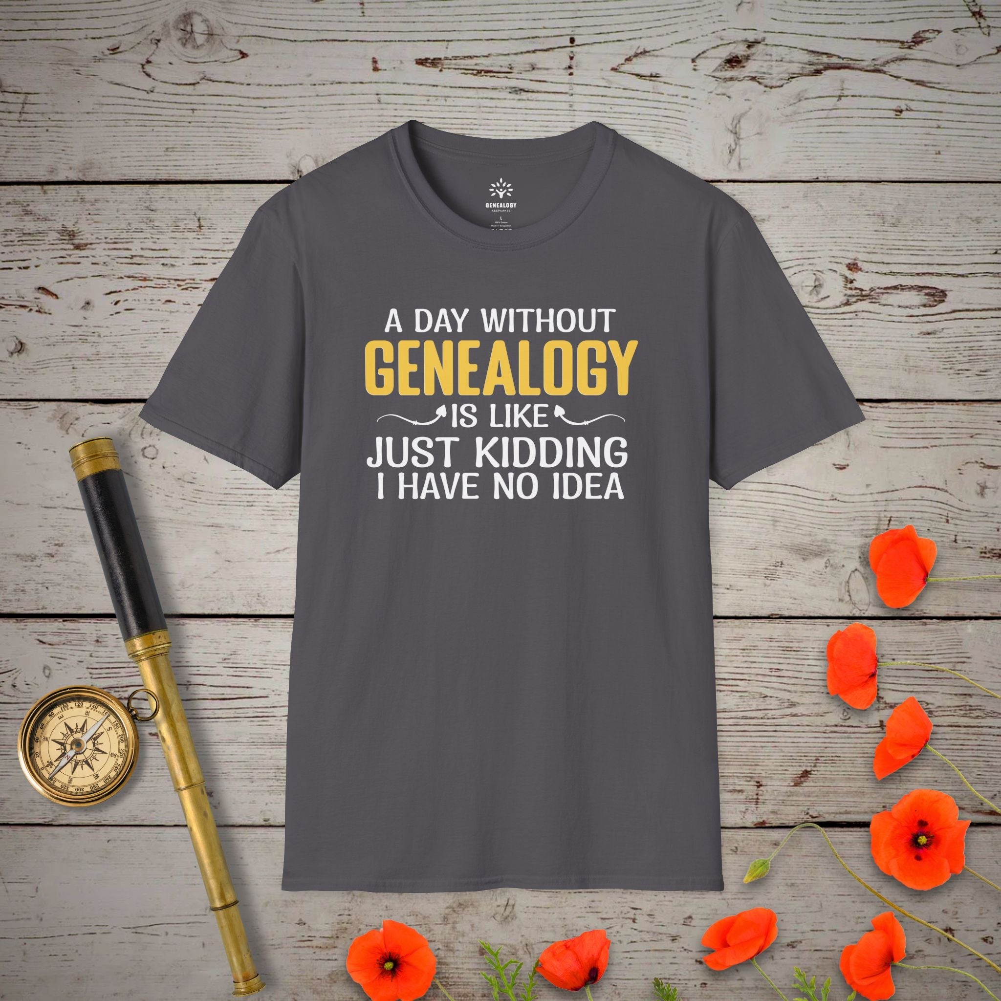 A Day Without Genealogy T-Shirt in Charcoal by Genealogy Keepsakes