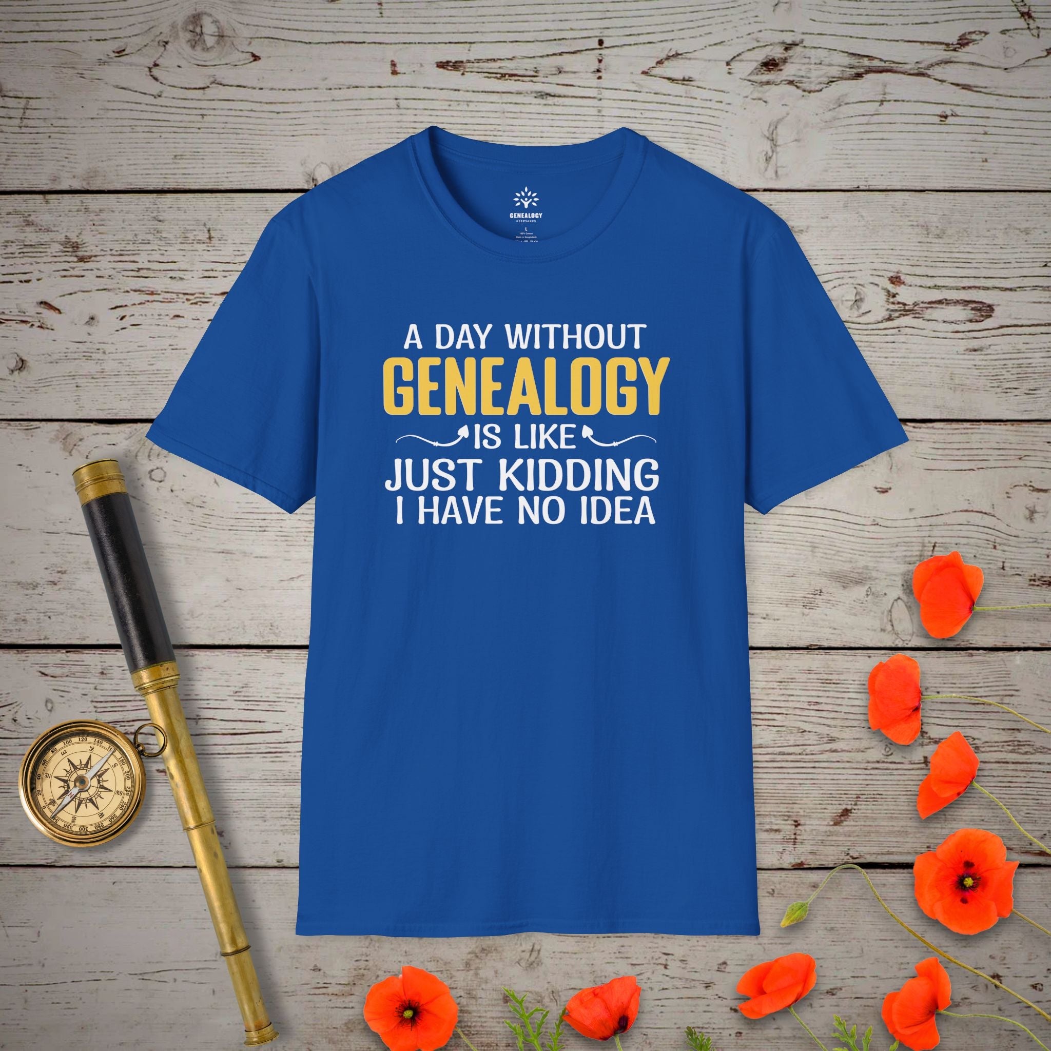 A Day Without Genealogy T-Shirt in Royal by Genealogy Keepsakes