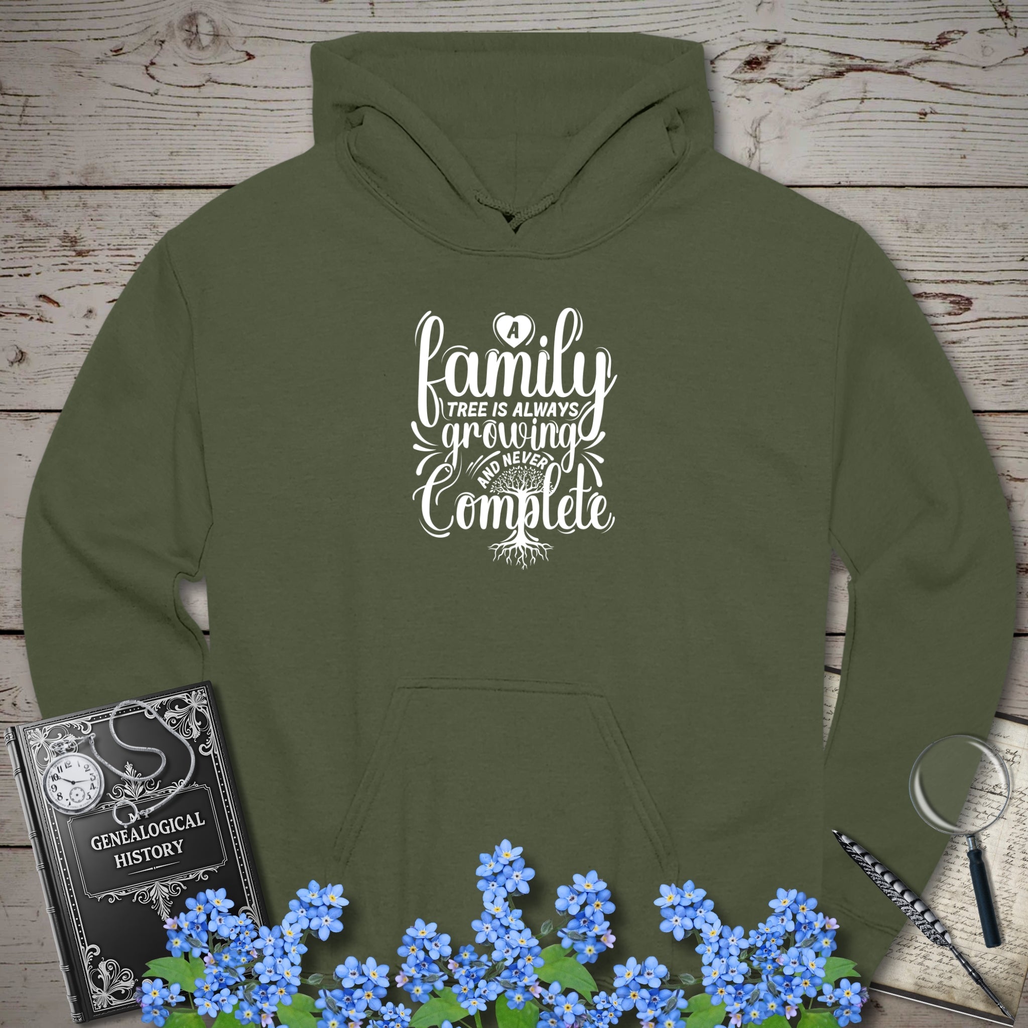 A Family Tree Is Always Growing Hoodie in Military Green by Genealogy Keepsakes