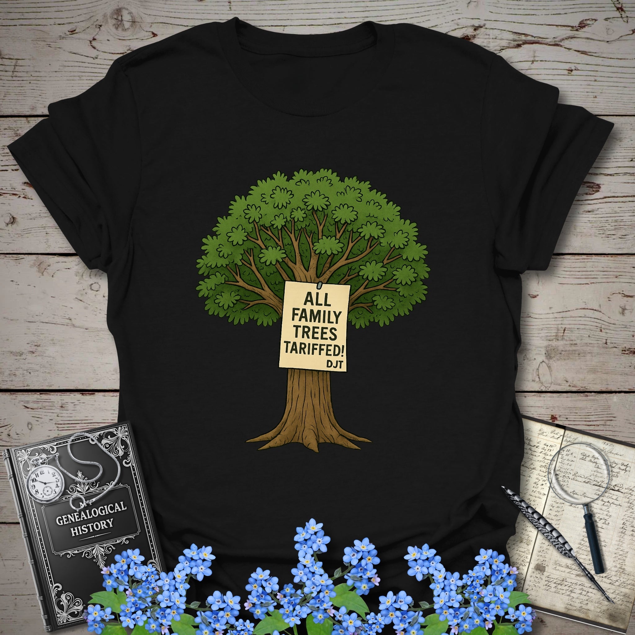 All Family Trees Tariffed T-Shirt in Black by Genealogy Keepsakes