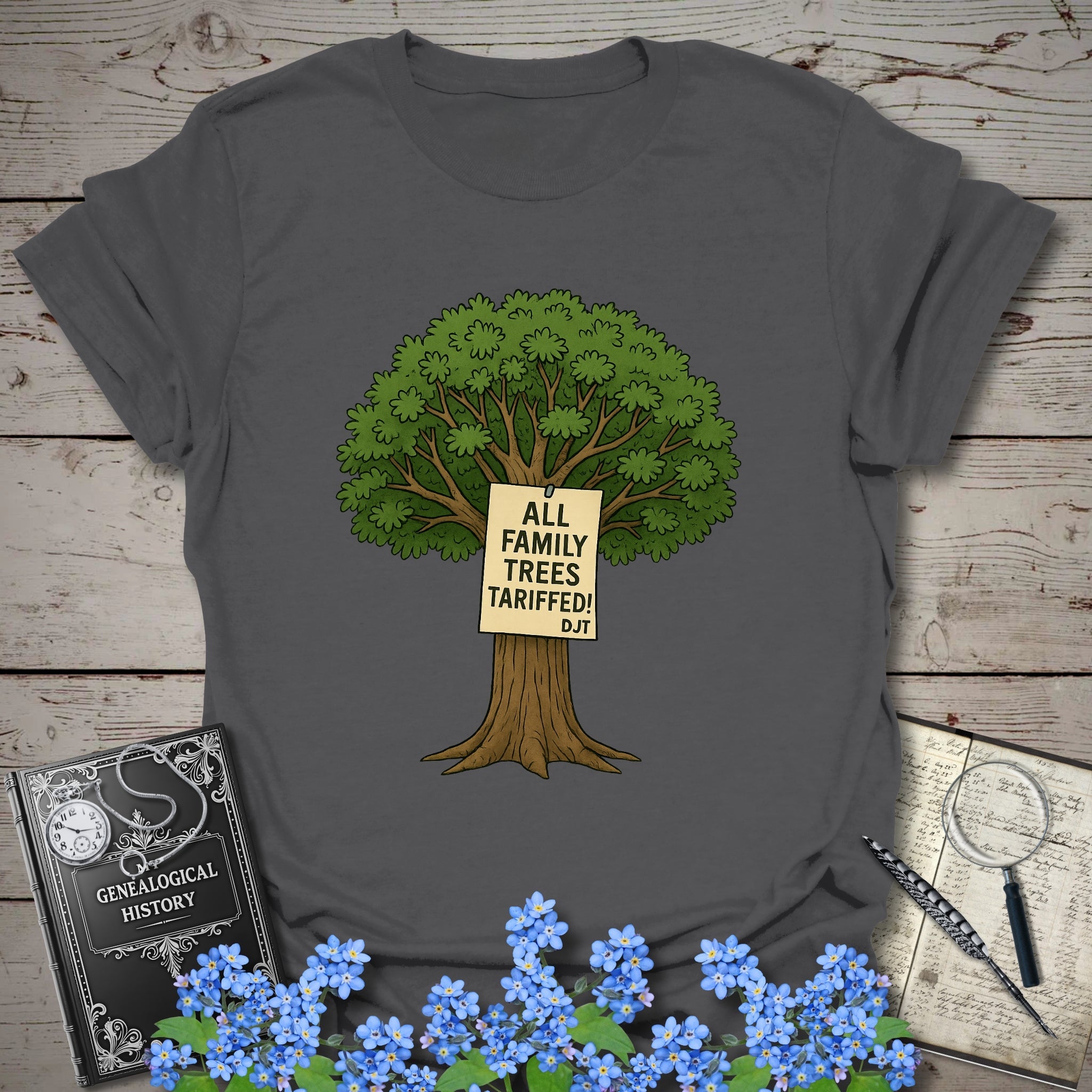 All Family Trees Tariffed T-Shirt in Charcoal by Genealogy Keepsakes