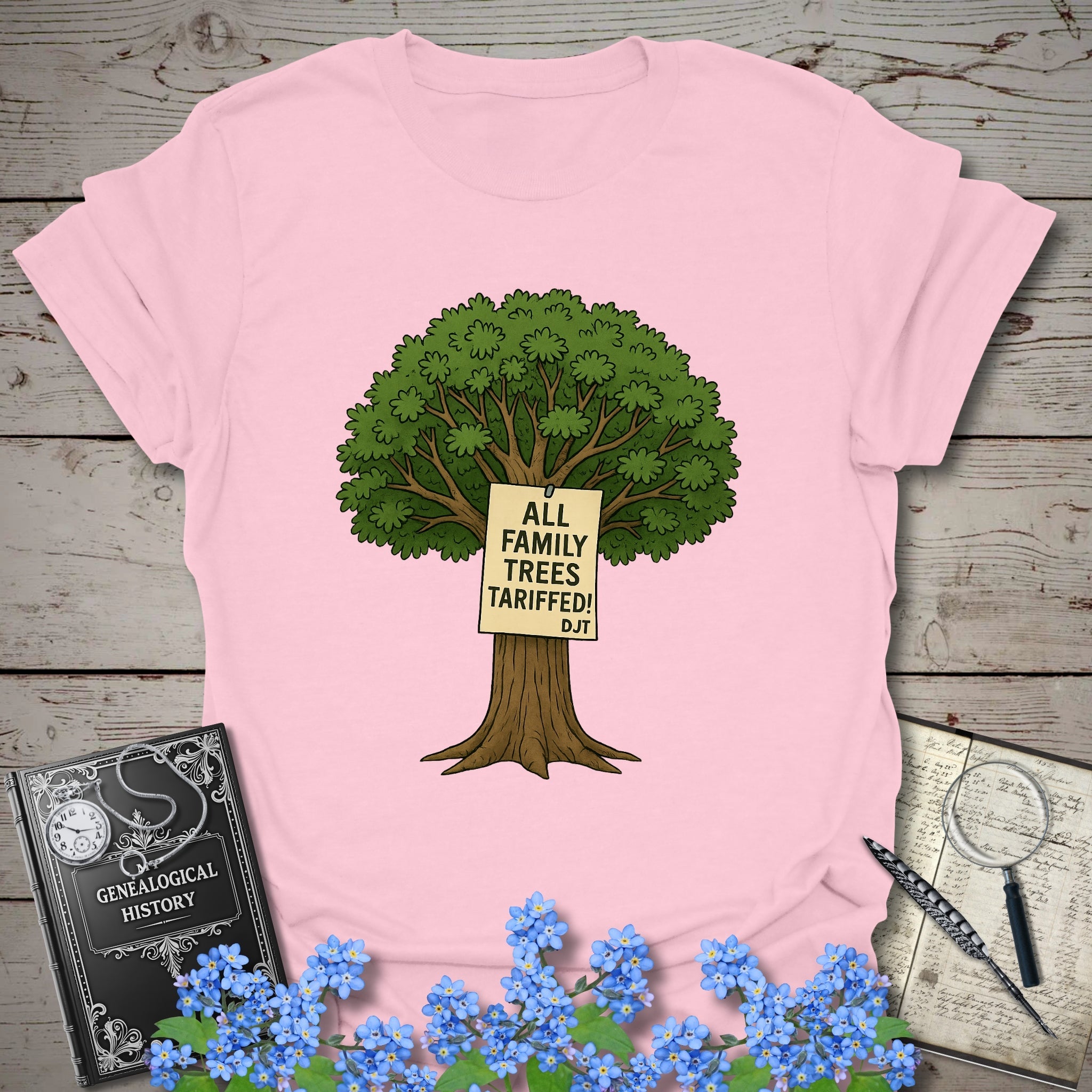 All Family Trees Tariffed T-Shirt in Light Pink by Genealogy Keepsakes