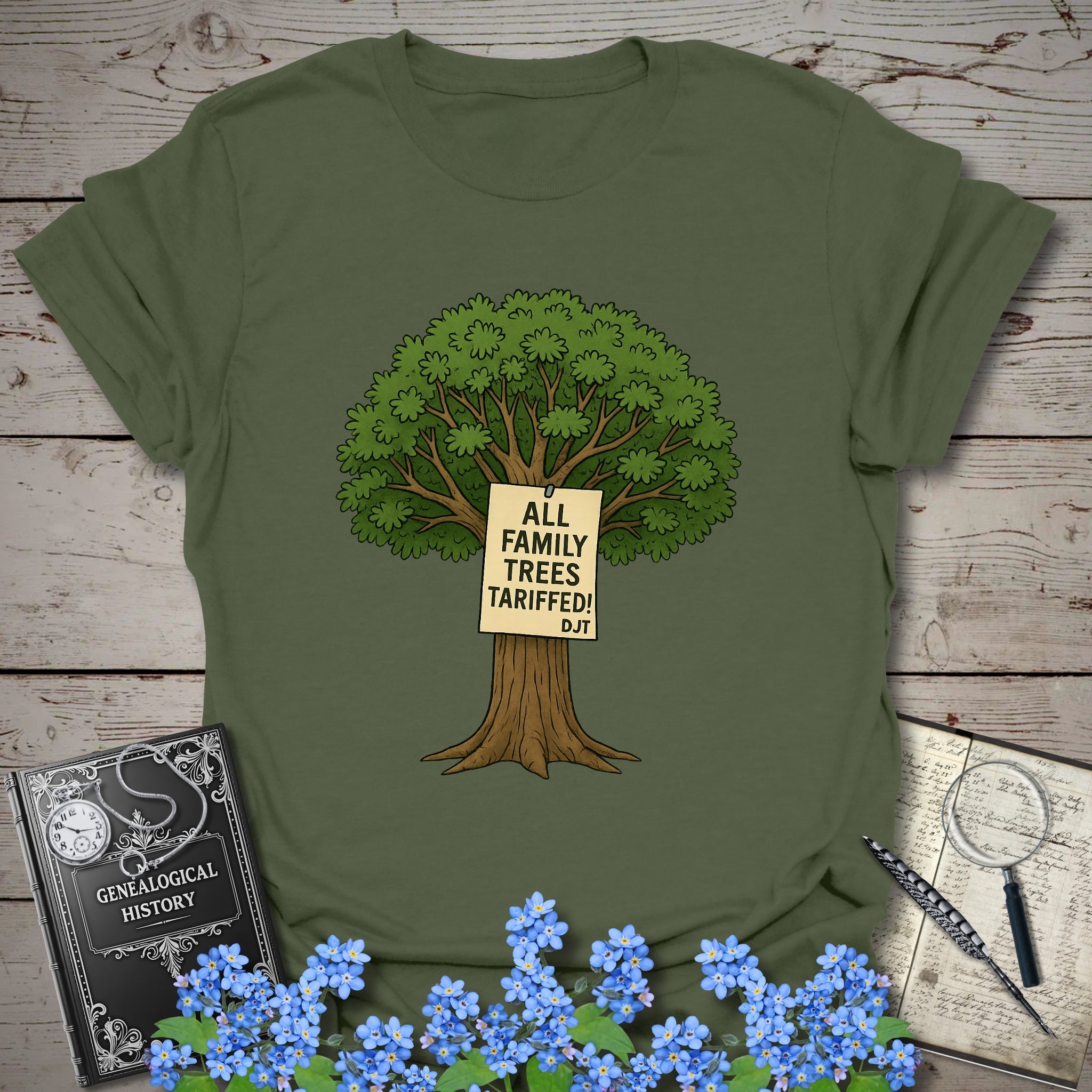 All Family Trees Tariffed T-Shirt in Military Green by Genealogy Keepsakes