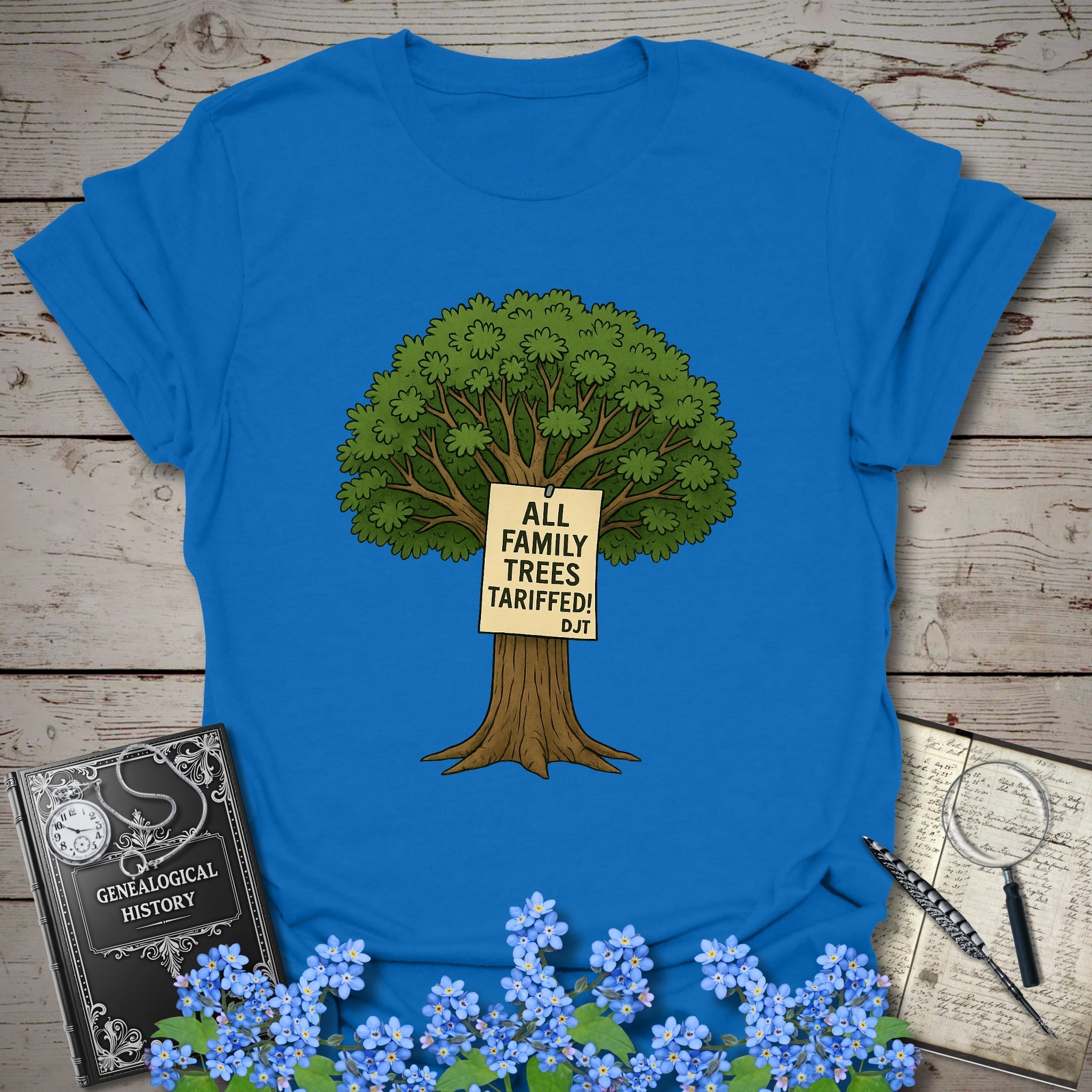 All Family Trees Tariffed T-Shirt in Royal by Genealogy Keepsakes