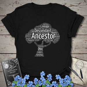 Ancestor Word Cloud Tree T-Shirt in Black by Genealogy Keepsakes
