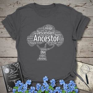 Ancestor Word Cloud Tree T-Shirt in Charcoal by Genealogy Keepsakes