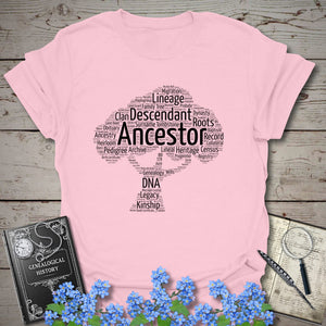 Ancestor Word Cloud Tree T-Shirt in Light Pink by Genealogy Keepsakes