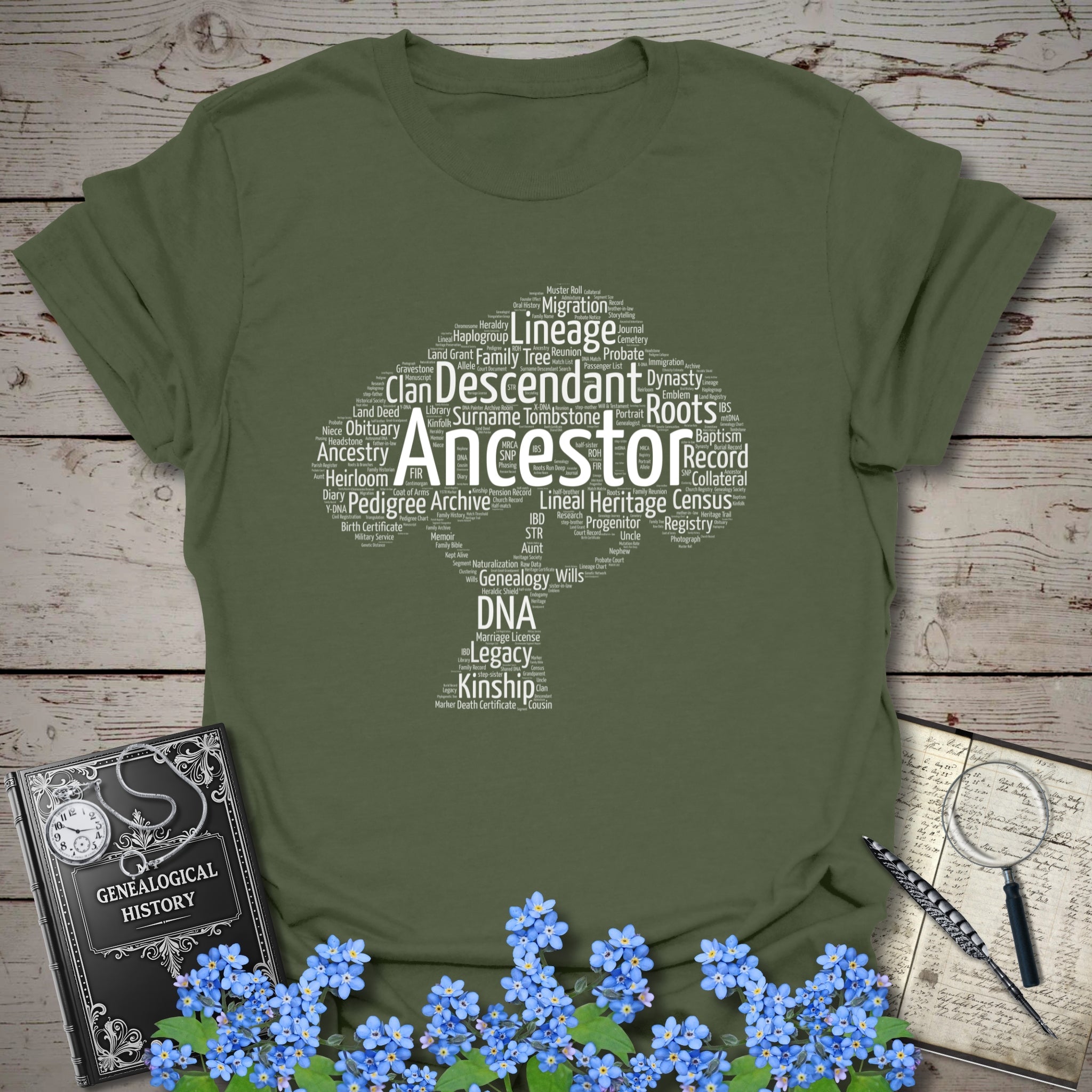 Ancestor Word Cloud Tree T-Shirt in Military Green by Genealogy Keepsakes