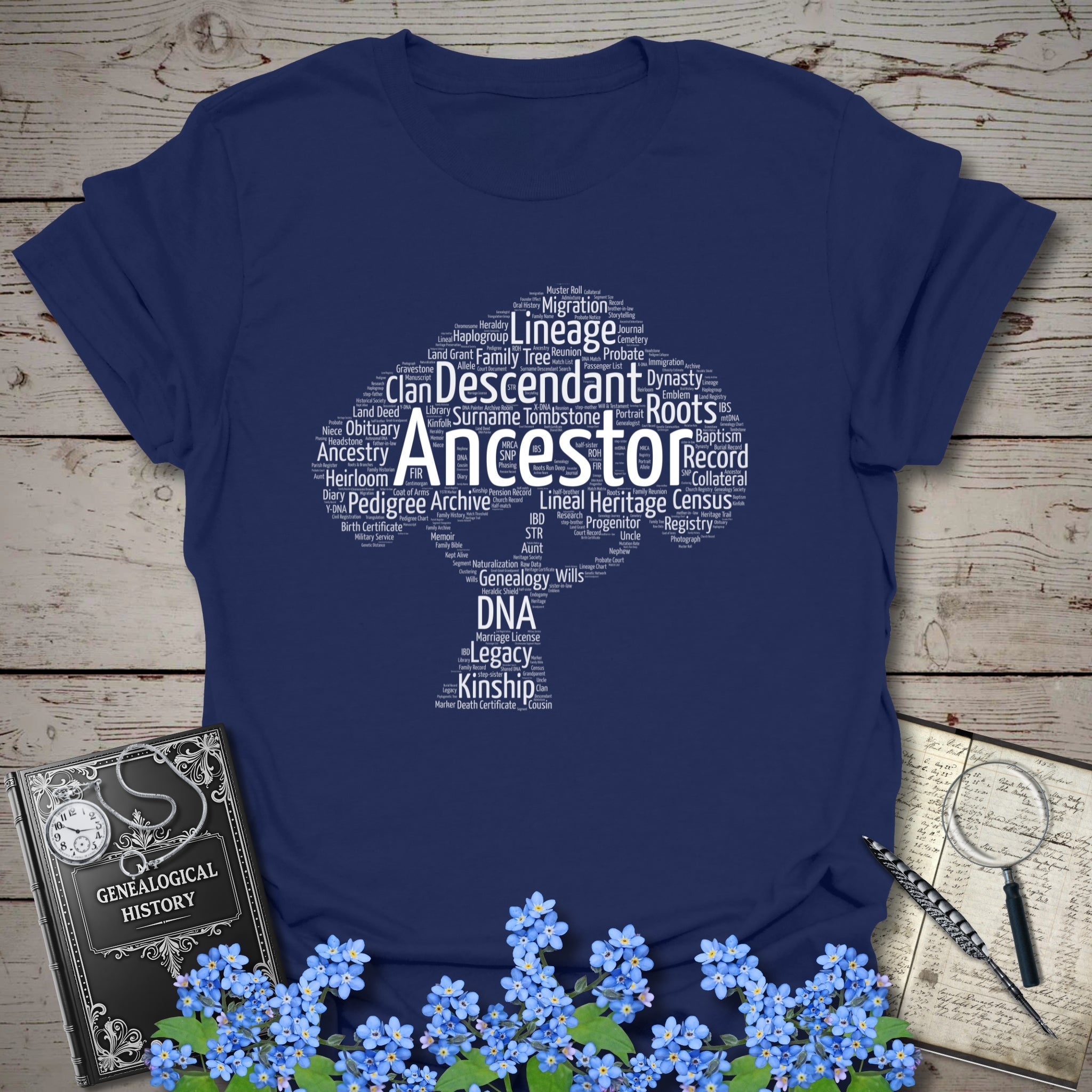Ancestor Word Cloud Tree T-Shirt in Navy by Genealogy Keepsakes