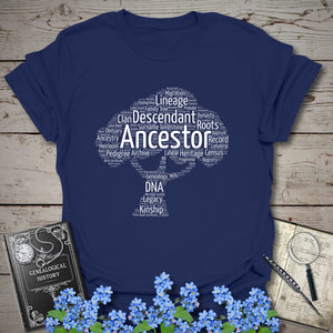 Ancestor Word Cloud Tree T-Shirt in Navy by Genealogy Keepsakes