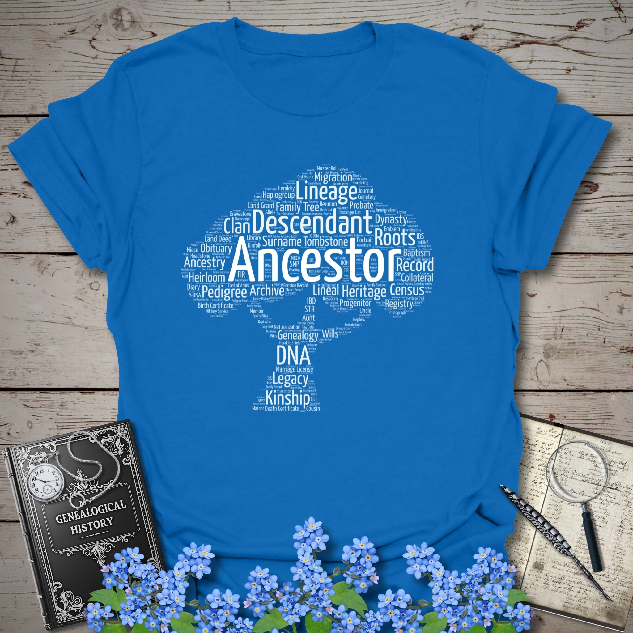 Ancestor Word Cloud Tree T-Shirt in Royal by Genealogy Keepsakes