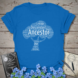 Ancestor Word Cloud Tree T-Shirt in Royal by Genealogy Keepsakes