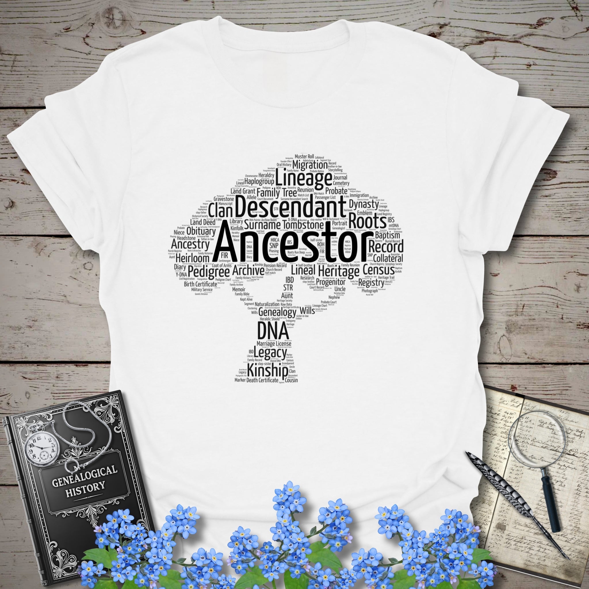 Ancestor Word Cloud Tree T-Shirt in White by Genealogy Keepsakes