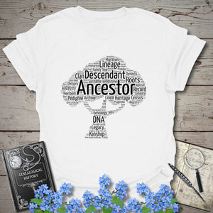 Ancestor Word Cloud Tree T-Shirt in White by Genealogy Keepsakes