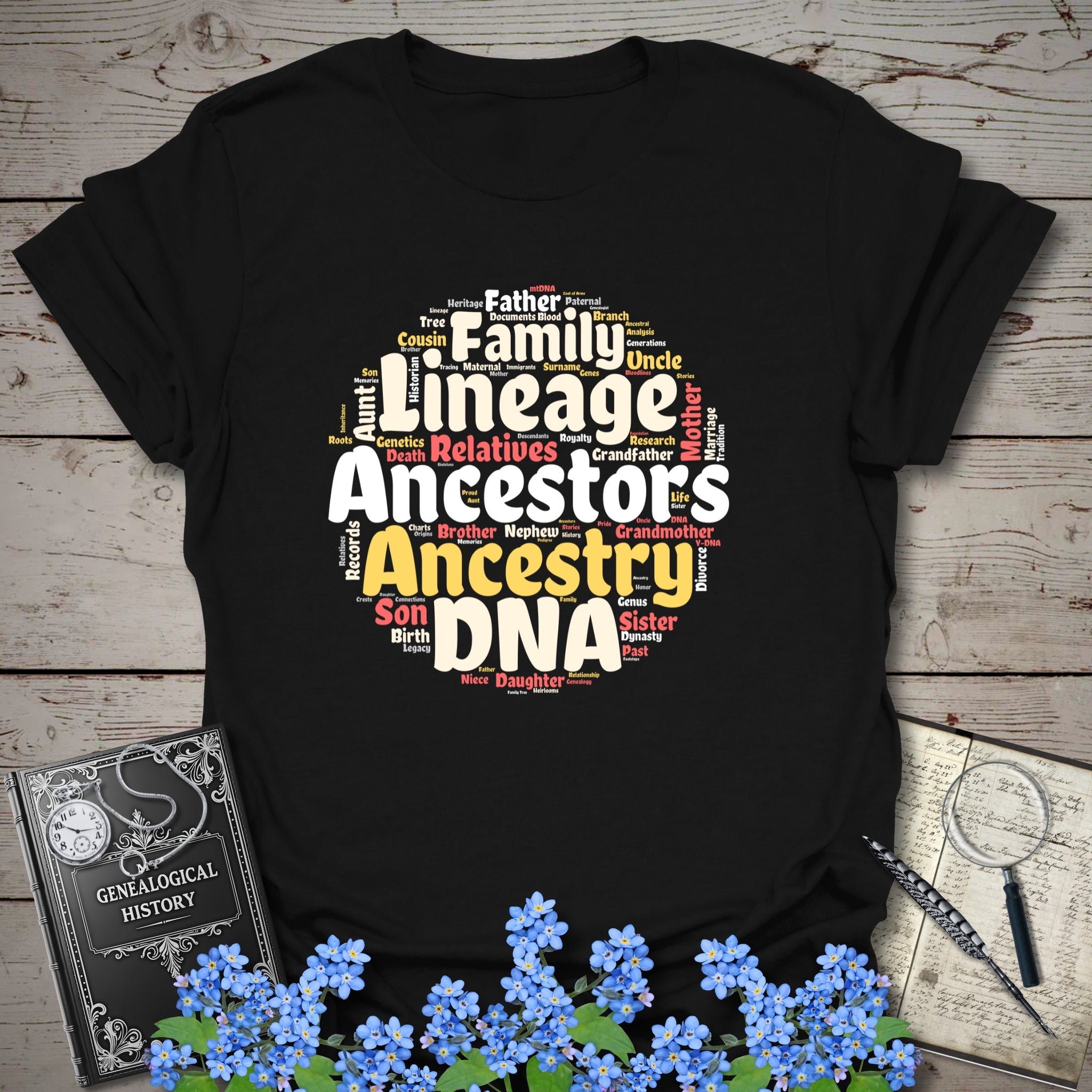 Ancestors Word Cloud T-Shirt in Black by Genealogy Keepsakes